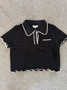 SUNCOO Black Knit Polo Top with White Trim